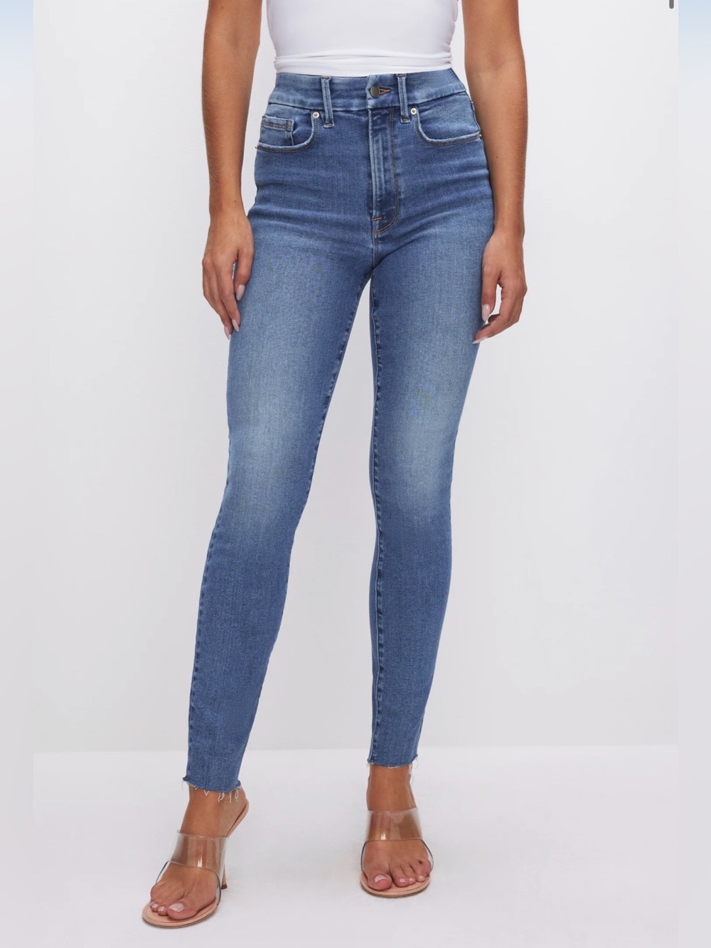Good American High Rise Slim Skinny Jeans Raw Hem Blue Size 10/30